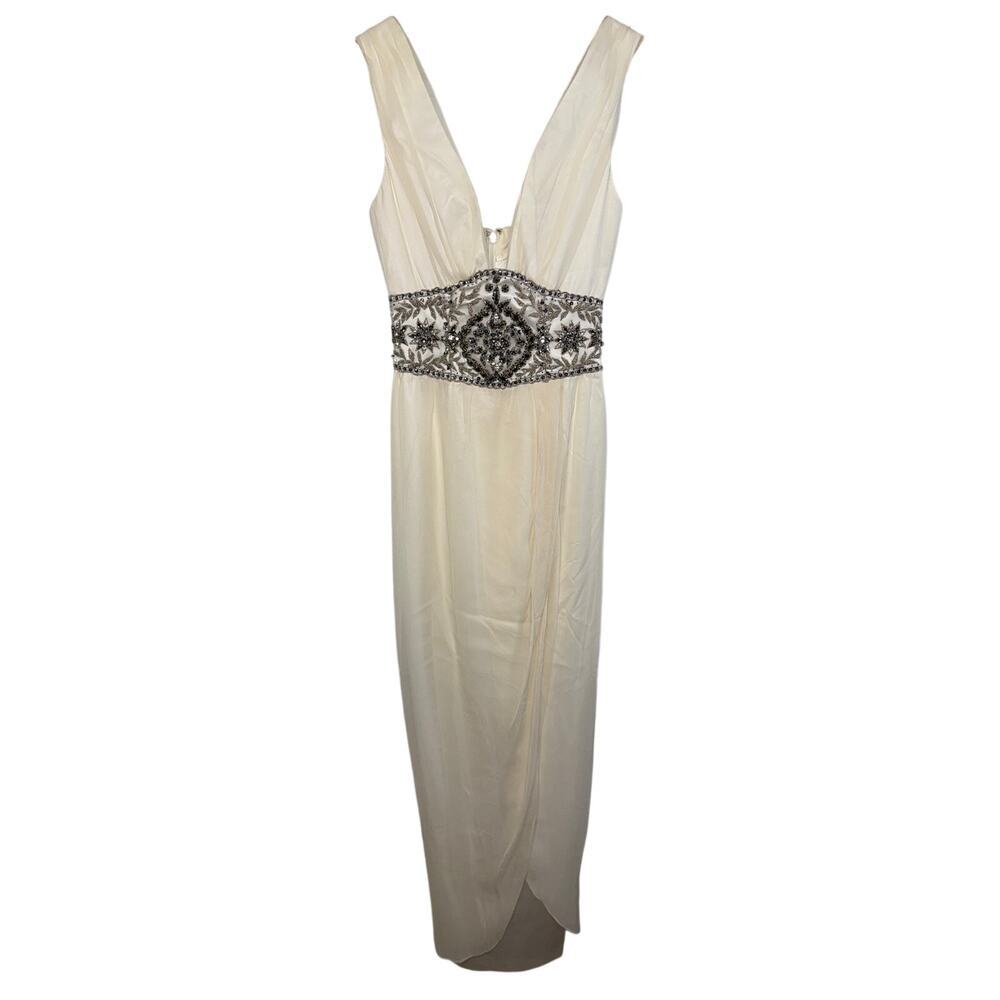 NWT Mandalay White Silk Beaded Embellished Long Ball Gown Evening Dress Size 4